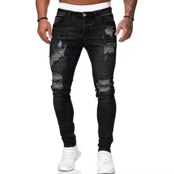New Trendy Aliexpress European and American Slim-Fit Men's Jeans with Holes, Export Quality Slim-Fit Jeans for Wish Cross-Border Sales
