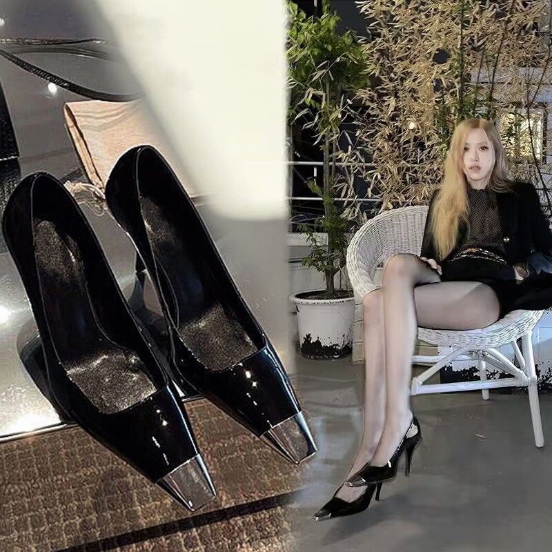 Elegant High Heel Shoes Women's 2024 Spring and Autumn New Metal Small Square Heel Sandals Women's Buckle Rear Trip Belt Women's Shoes
