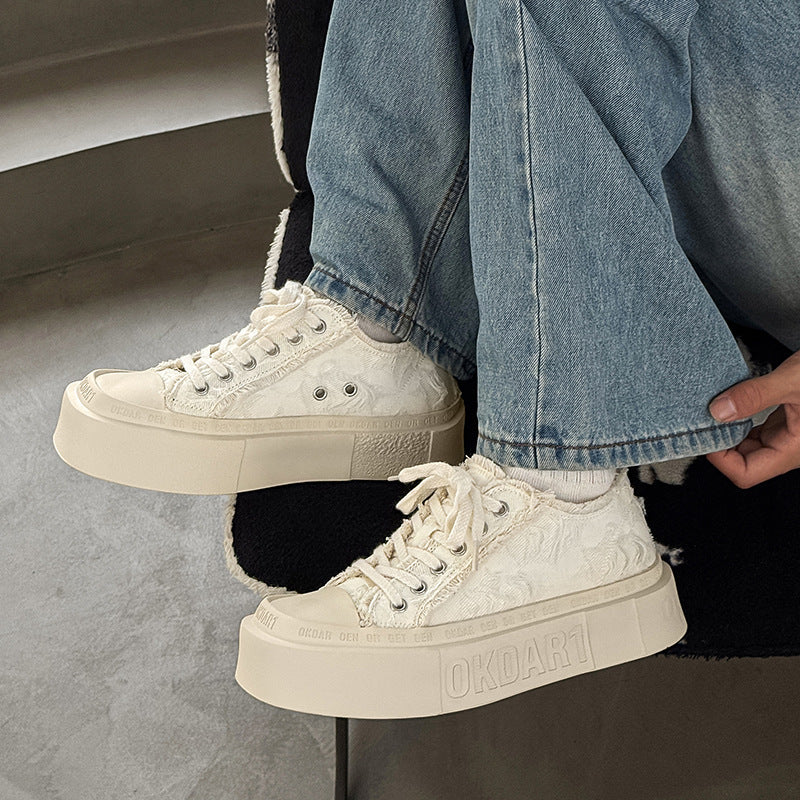 Korean Style Lace-Up Sneakers Trendy Versatile Raw Edge Breathable White Shoes 2025 Summer Casual Thick-Soled Heightening Canvas Shoes