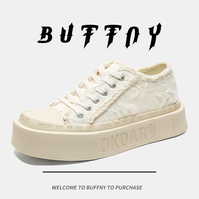 Korean Style Lace-Up Sneakers Trendy Versatile Raw Edge Breathable White Shoes 2025 Summer Casual Thick-Soled Heightening Canvas Shoes