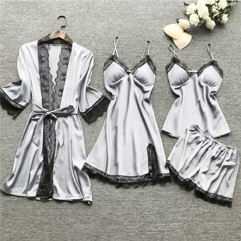 Cross-Border Pajamas, Women's Sexy Pajamas Four-Piece Set, Korean Style Suspender Pajamas, Women's Home Clothes with Breast Pads, Pajamas 2103