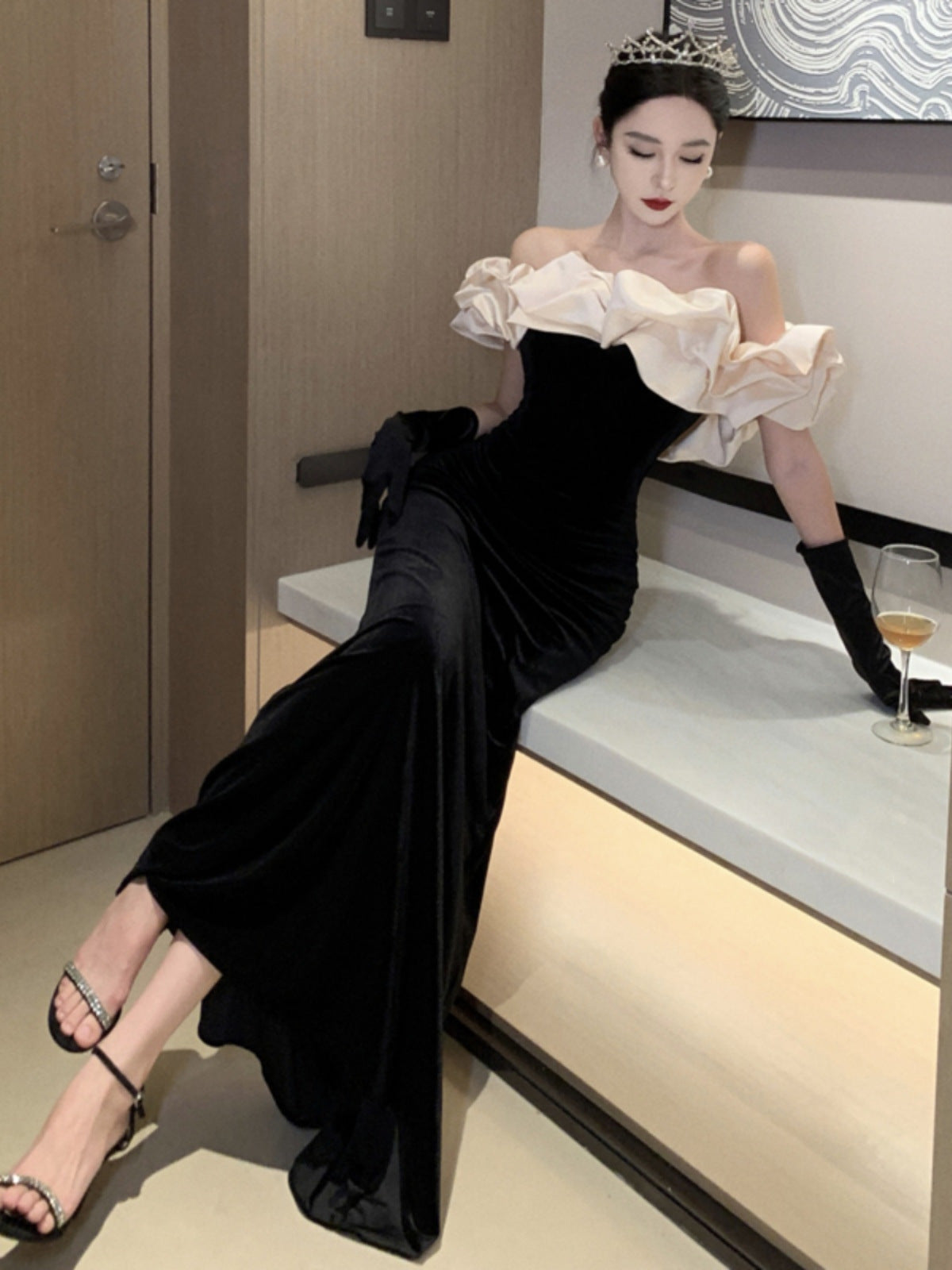 French Velvet Black Evening Dress One-Shoulder Annual Meeting Elegant Slimming Look Celebrity Host Fishtail Long Dress