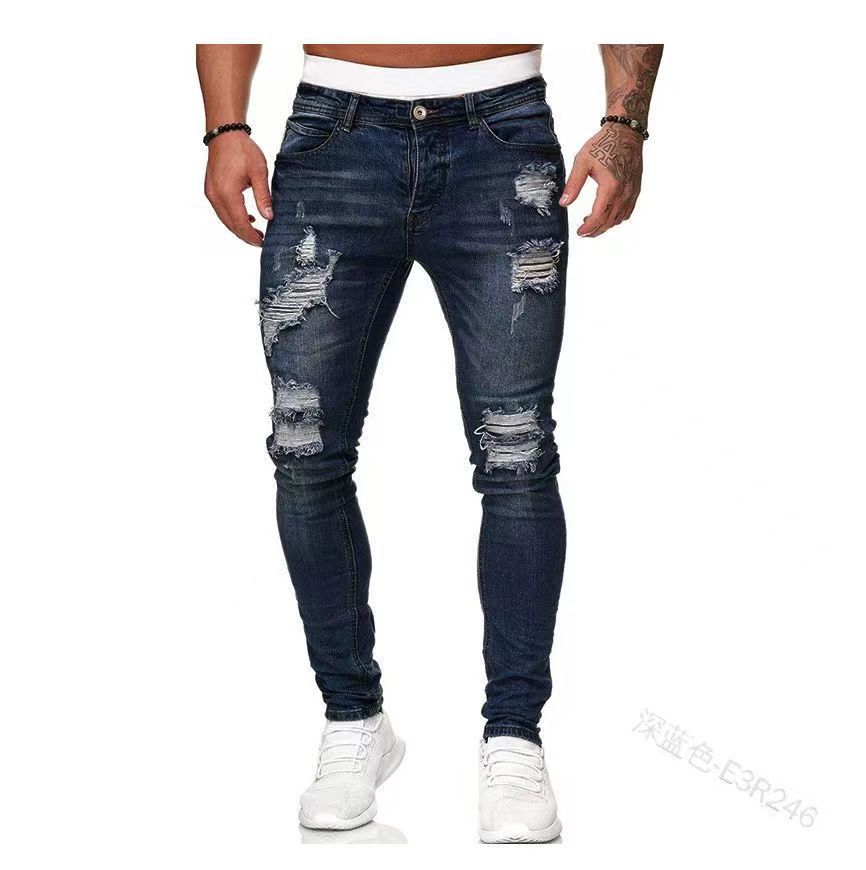 New Trendy Aliexpress European and American Slim-Fit Men's Jeans with Holes, Export Quality Slim-Fit Jeans for Wish Cross-Border Sales