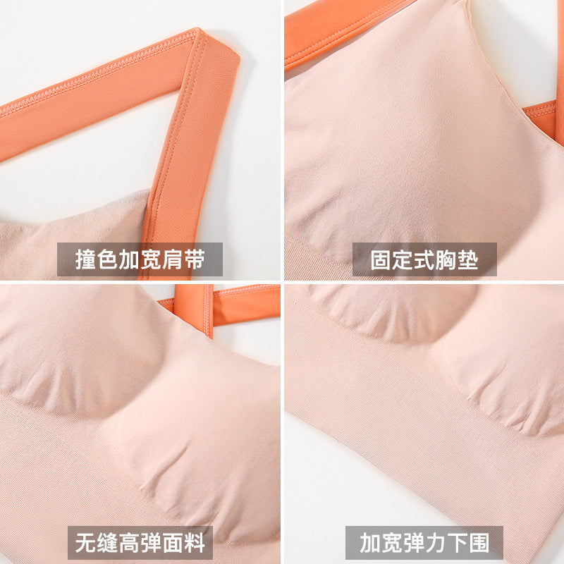 European and American Foreign Trade Sports Bra for Women, Color-Blocking Running Shockproof Yoga Vest, Wireless Push-Up Anti-Sagging Bra