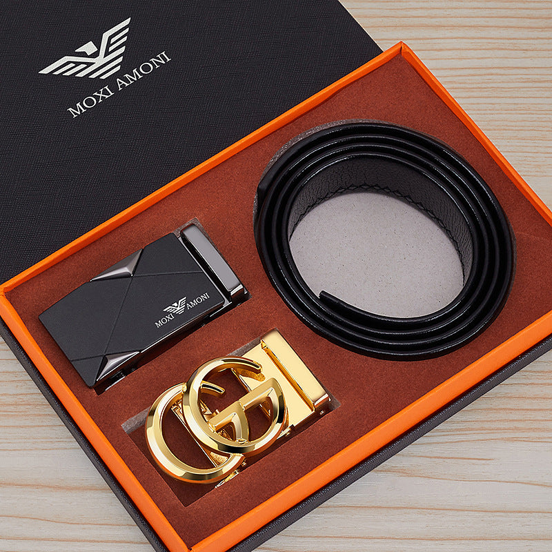 Men's Leather Belt with Alloy Automatic Buckle, Versatile Genuine Leather Belt for Young and Middle-Aged Men, Business Fashion Double Buckle Gift Box Wholesale, British Style