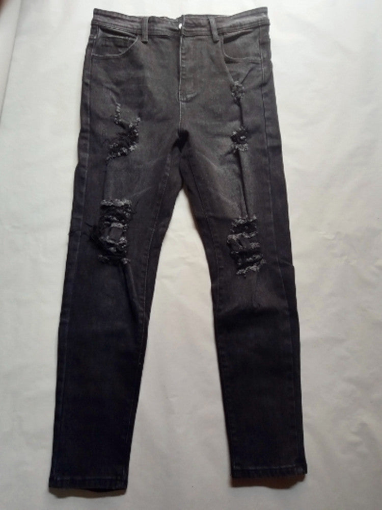 New Trendy Aliexpress European and American Slim-Fit Men's Jeans with Holes, Export Quality Slim-Fit Jeans for Wish Cross-Border Sales