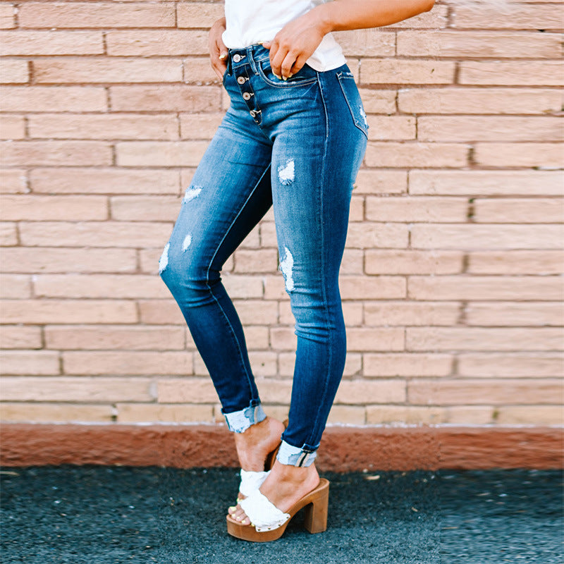 Factory Direct 2022 Autumn New Ripped Leg Jeans Women's Washed Breasted Pencil Pants Women's Casual Pants