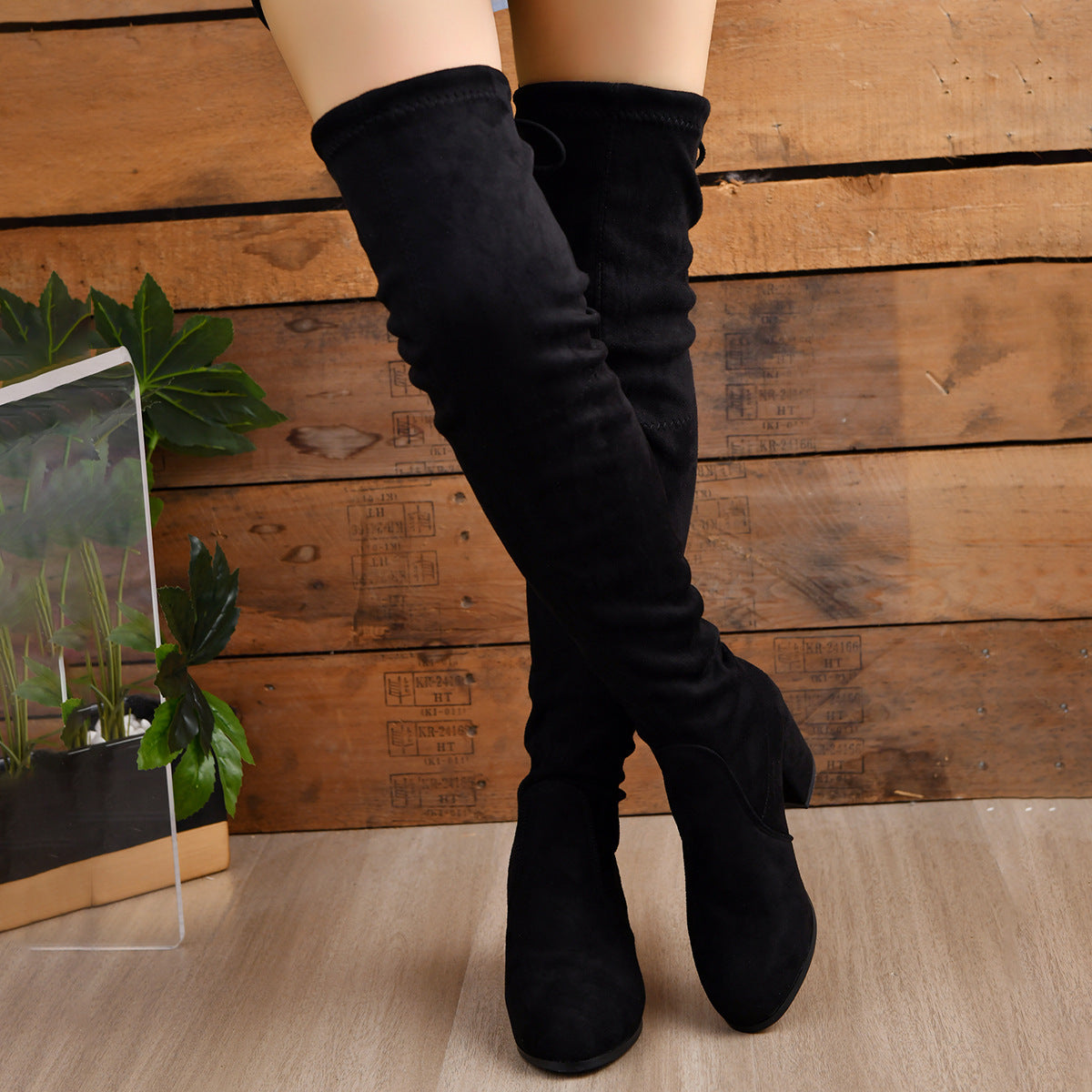 European and American large size women's boots 2023 autumn and winter New thick heel round head high heel slim knee high boots women's spot