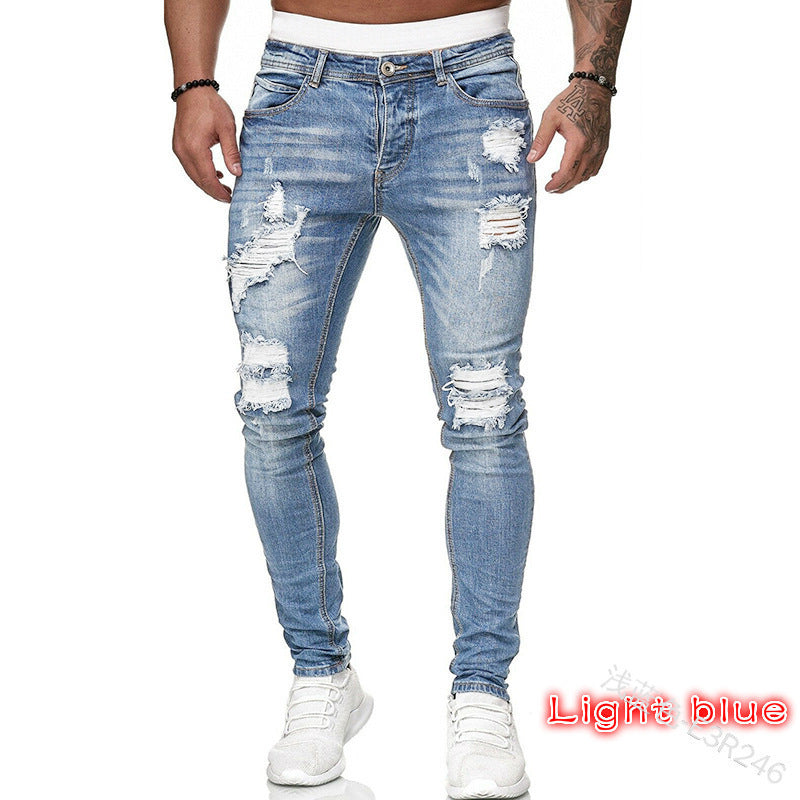 New Trendy Aliexpress European and American Slim-Fit Men's Jeans with Holes, Export Quality Slim-Fit Jeans for Wish Cross-Border Sales