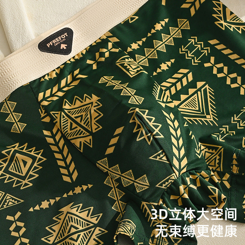 Men's Ice Silk Underwear Summer Vintage Thin Boxers Mid-Waist Ethnic Style Boys Four-Corner Pants Printed Trousers