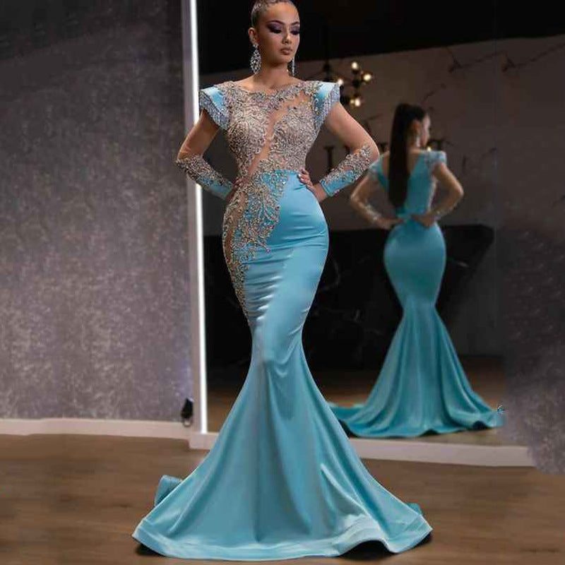 2025 New Daily Light Blue Fishtail Skirt Banquet Long Sand Gold Series Slimming Elegant Annual Party Evening Dress for Women