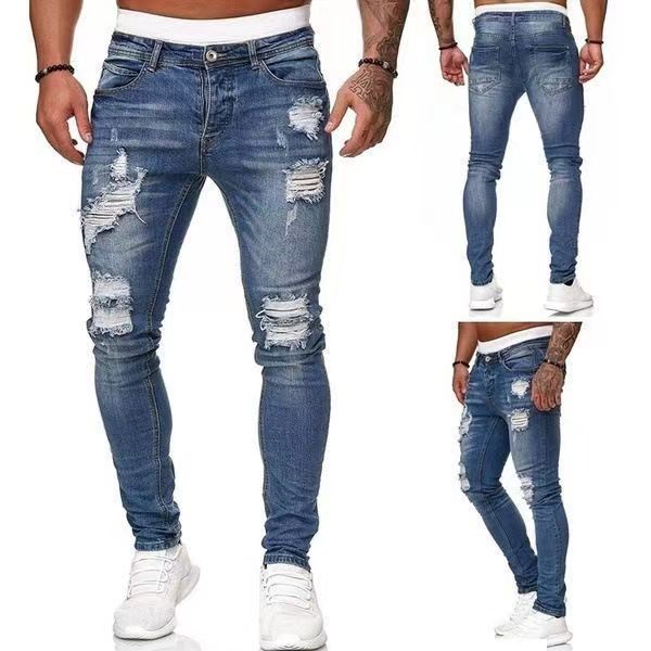 New Trendy Aliexpress European and American Slim-Fit Men's Jeans with Holes, Export Quality Slim-Fit Jeans for Wish Cross-Border Sales