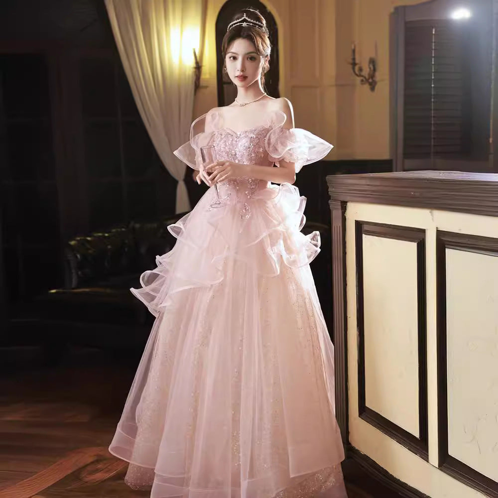 Art Exam Evening Dress 2025 New Style Banquet Feminine Adult Ceremony Pink Annual Meeting Host Dress Cross-Border