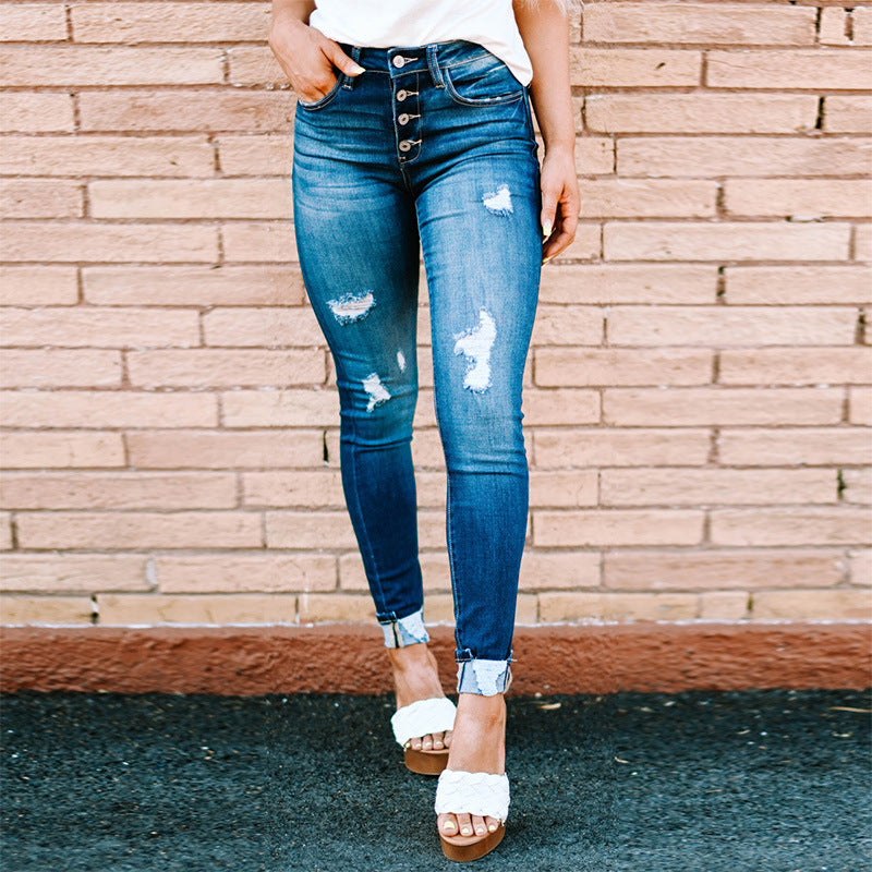 Factory Direct 2022 Autumn New Ripped Leg Jeans Women's Washed Breasted Pencil Pants Women's Casual Pants