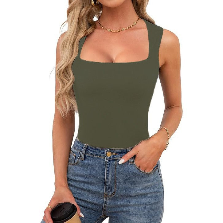 Cross-border European and American hot girls wear camisole women's summer sleeveless off-shoulder square collar threaded shoulder strap top women's clothing