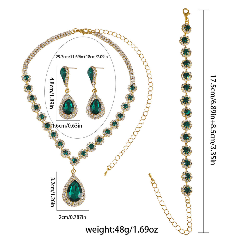 Amazon's Best-Selling Women's Water Drop Green Crystal Necklace, Earrings, Bracelet, Jewelry Set, Three-Piece Set, Drop Shipping