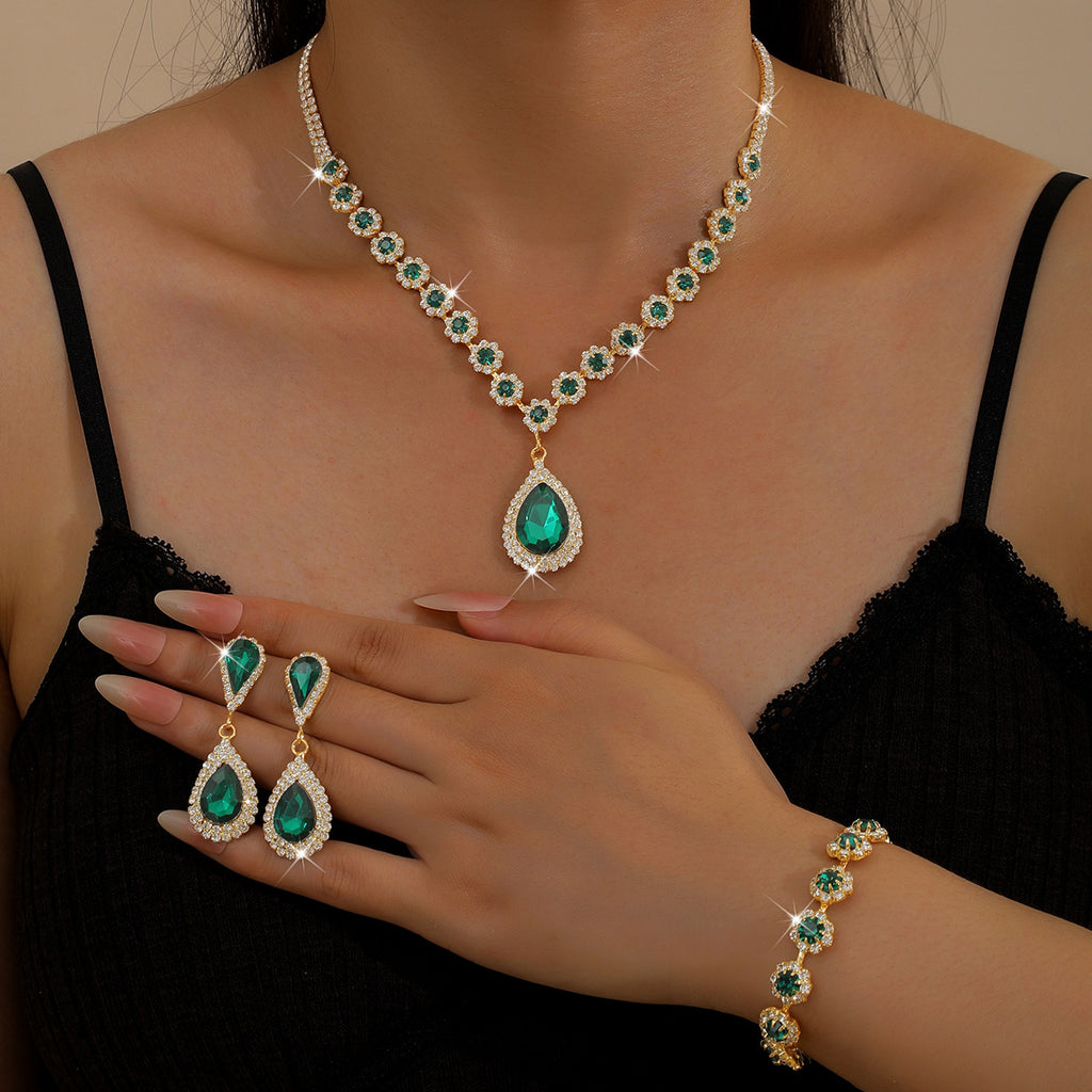 Amazon's Best-Selling Women's Water Drop Green Crystal Necklace, Earrings, Bracelet, Jewelry Set, Three-Piece Set, Drop Shipping