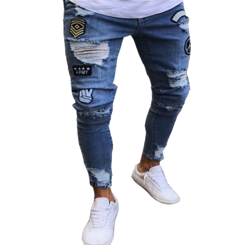 Knee Men's Jeans Embroidered Leggings Denim Trousers Men's Cross-border Trendy European and American Badge Zipper Holes