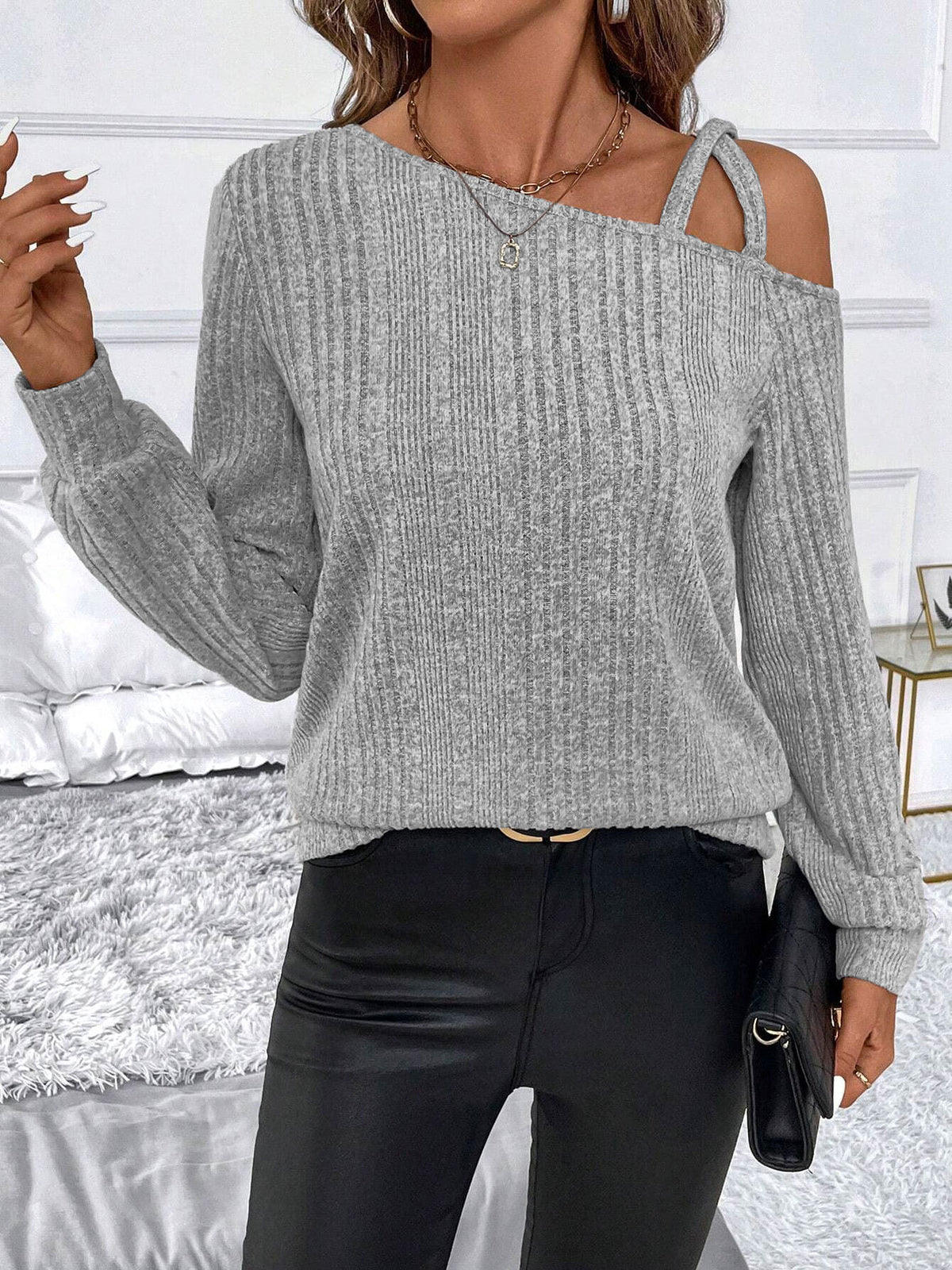 European and American Cross-Border Amazon 2025 Autumn and Winter New Women's Pit Square Collar Fashionable Casual Long-Sleeved Tops