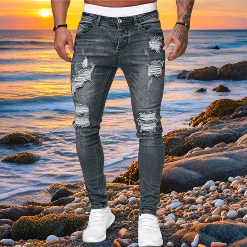 New Trendy Aliexpress European and American Slim-Fit Men's Jeans with Holes, Export Quality Slim-Fit Jeans for Wish Cross-Border Sales