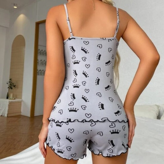European and American Foreign Trade Women's New V-neck Pajamas Comfortable Home Button Lace Sling Shorts Set