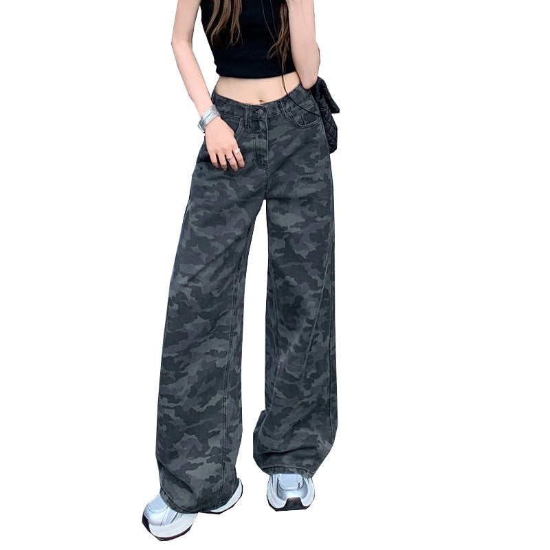 2025 Straight-Leg Hot Girl High-Waisted American Camouflage Work Jeans for Women in Autum Loose Slimming Floor-Length Wide-Leg Pants