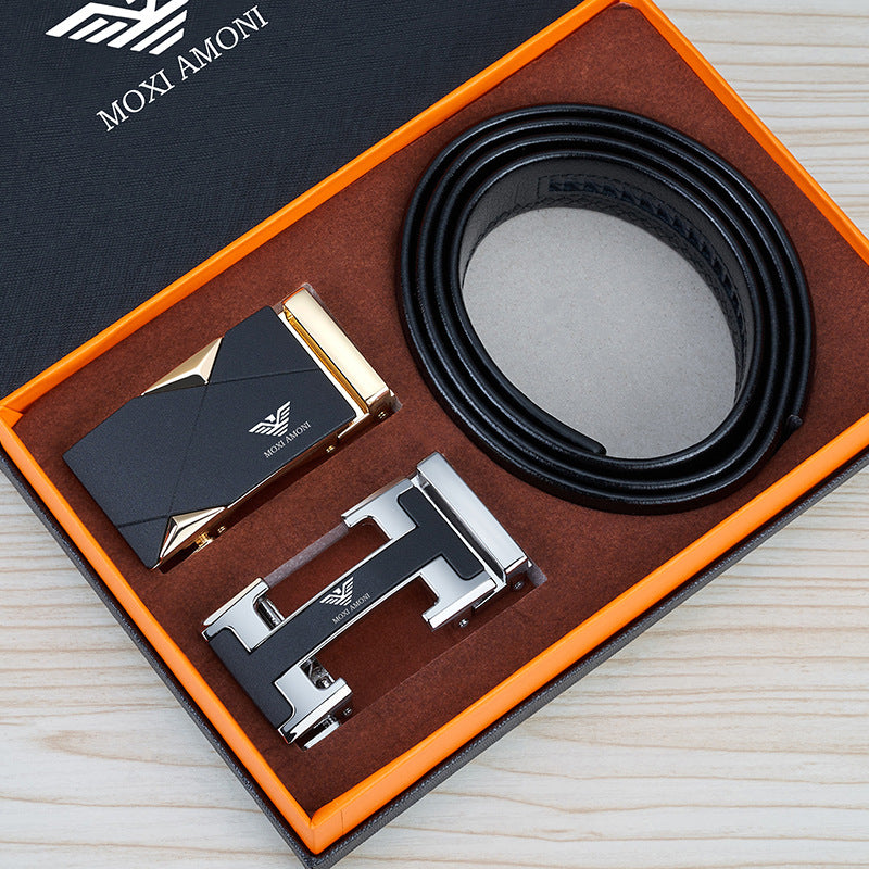 Men's Leather Belt with Alloy Automatic Buckle, Versatile Genuine Leather Belt for Young and Middle-Aged Men, Business Fashion Double Buckle Gift Box Wholesale, British Style