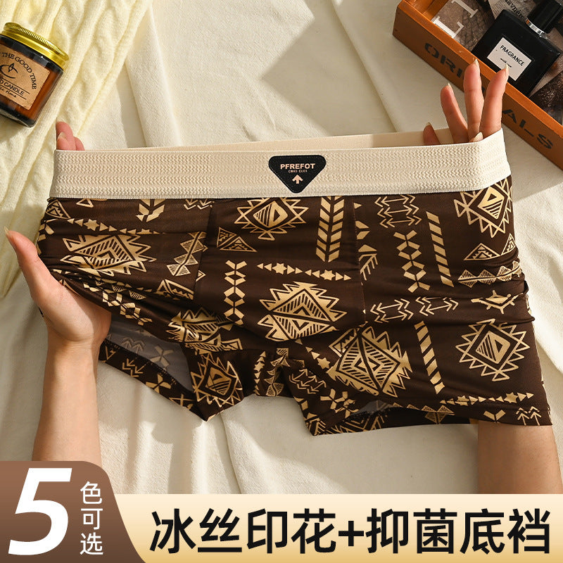 Men's Ice Silk Underwear Summer Vintage Thin Boxers Mid-Waist Ethnic Style Boys Four-Corner Pants Printed Trousers