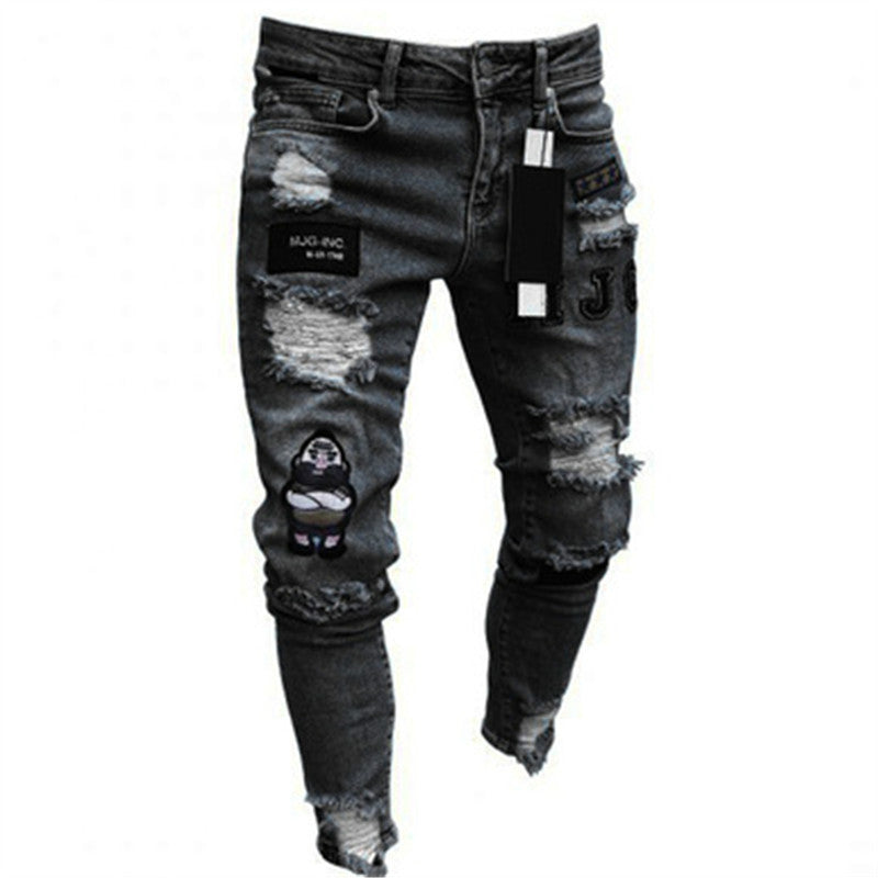 Knee Men's Jeans Embroidered Leggings Denim Trousers Men's Cross-border Trendy European and American Badge Zipper Holes