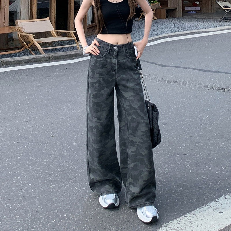 2025 Straight-Leg Hot Girl High-Waisted American Camouflage Work Jeans for Women in Autum Loose Slimming Floor-Length Wide-Leg Pants