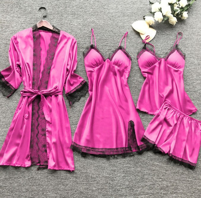 Cross-Border Pajamas, Women's Sexy Pajamas Four-Piece Set, Korean Style Suspender Pajamas, Women's Home Clothes with Breast Pads, Pajamas 2103
