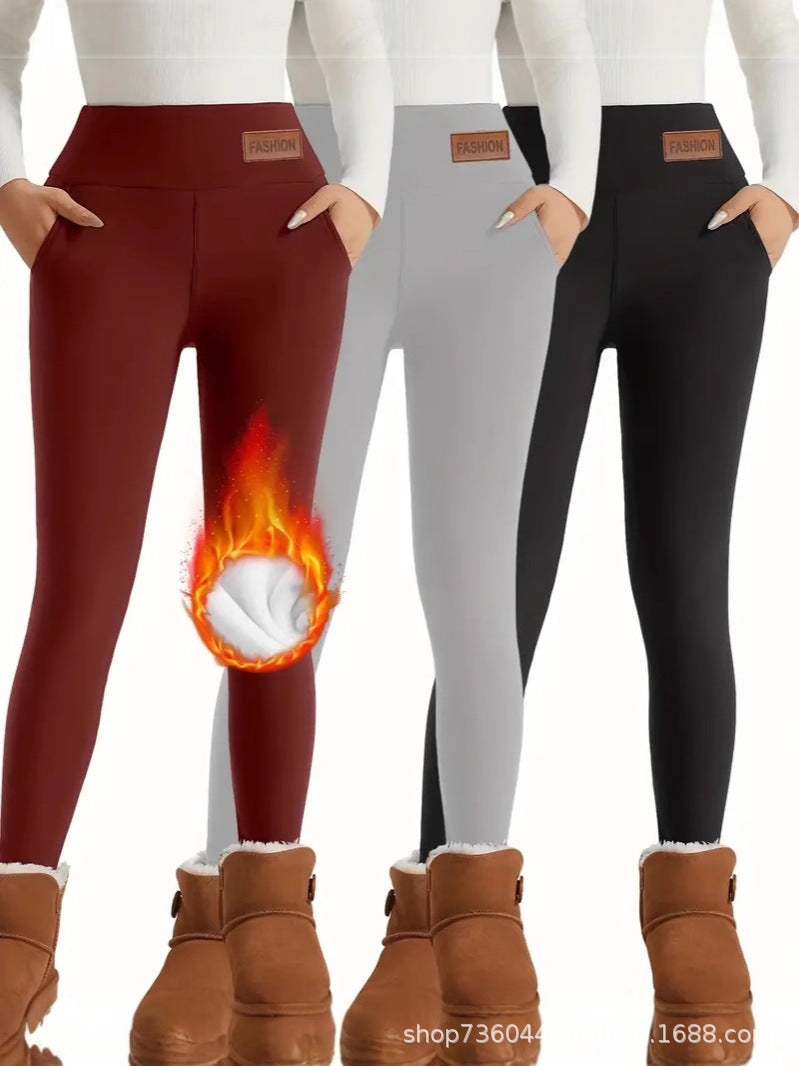 Cross-Border Women's High Waist Warm Fleece-Lined Leggings - Super Soft Stretch Yoga Pants Pocket Casual Pants