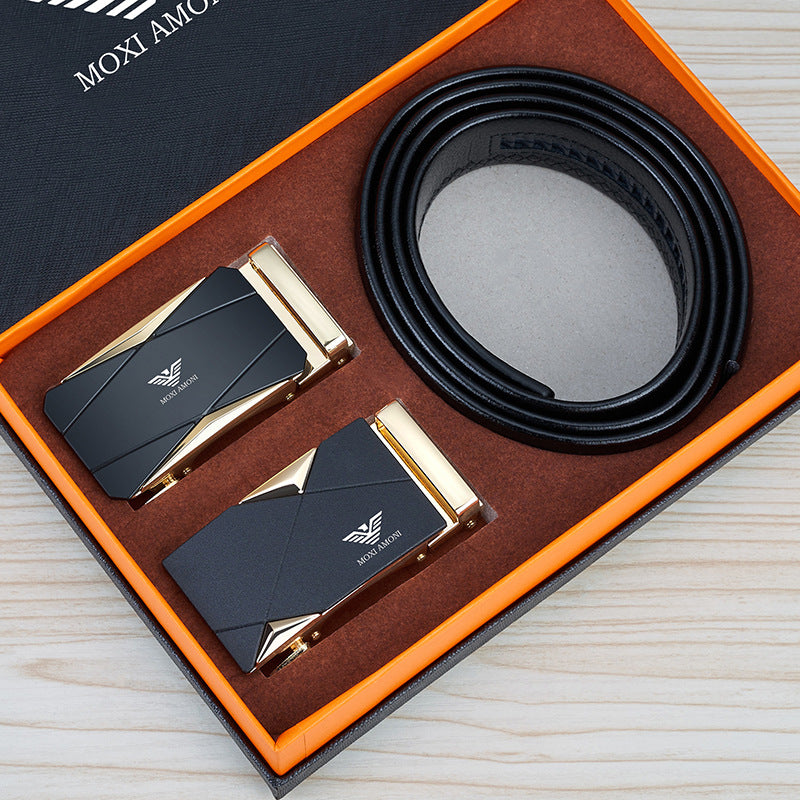 Men's Leather Belt with Alloy Automatic Buckle, Versatile Genuine Leather Belt for Young and Middle-Aged Men, Business Fashion Double Buckle Gift Box Wholesale, British Style