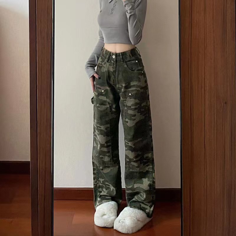 Hip Hop High Street Hiphop Tooling American Autumn and Winter Camouflage Jeans Women's Design Wide Leg Loose Straight Long Pants
