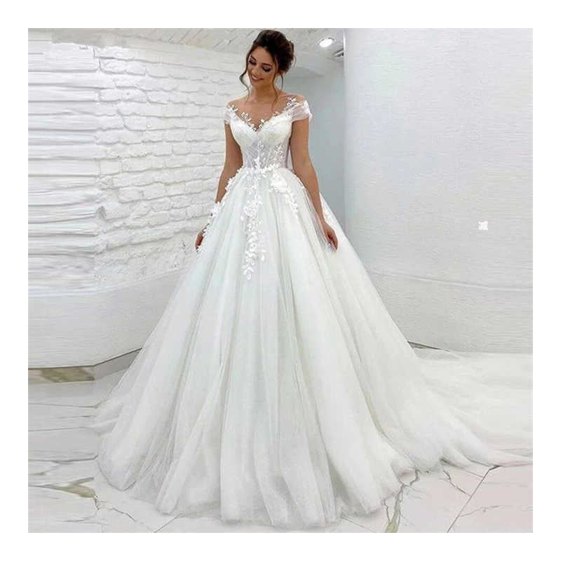 Cross-border hot sale plus size small trailing mesh lace high waist double shoulder V-Neck Wedding dress main yarn for going out