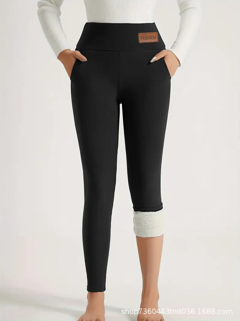 Cross-Border Women's High Waist Warm Fleece-Lined Leggings - Super Soft Stretch Yoga Pants Pocket Casual Pants