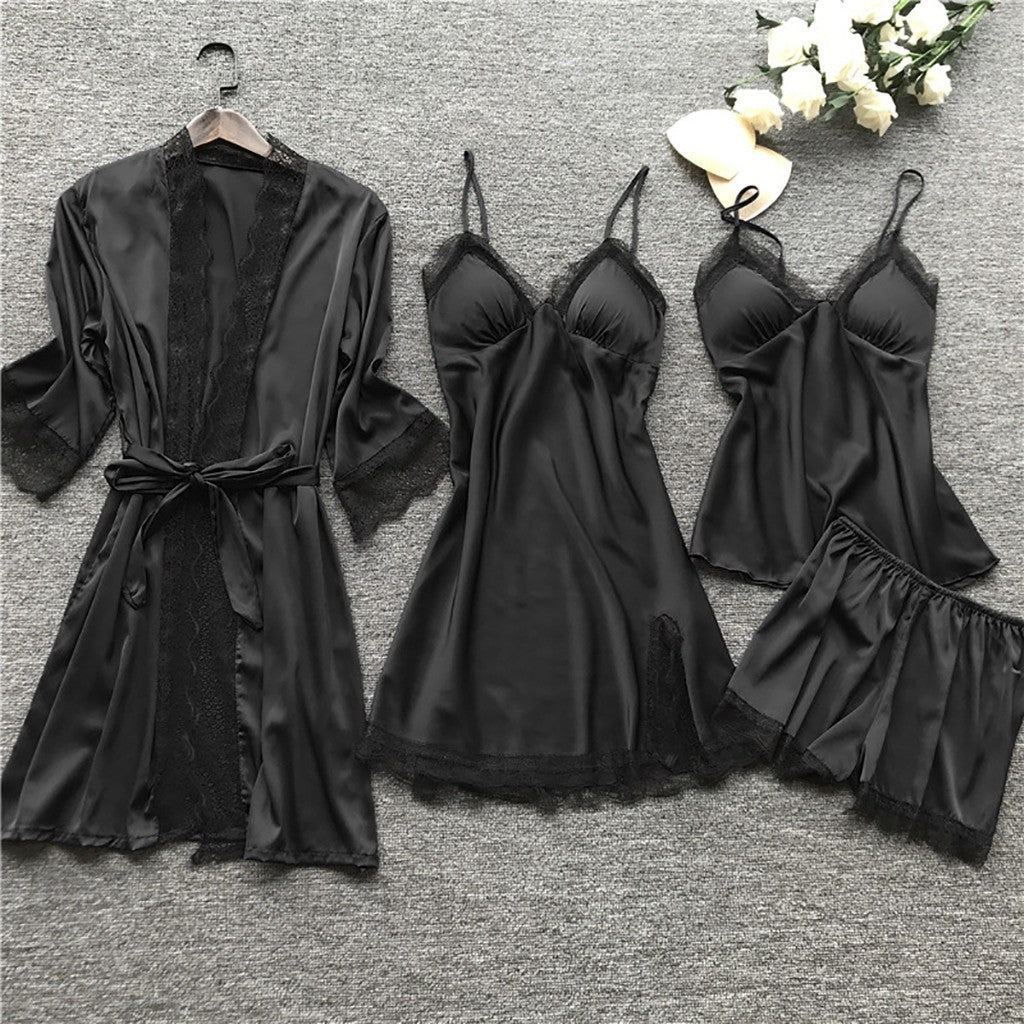 Cross-Border Pajamas, Women's Sexy Pajamas Four-Piece Set, Korean Style Suspender Pajamas, Women's Home Clothes with Breast Pads, Pajamas 2103