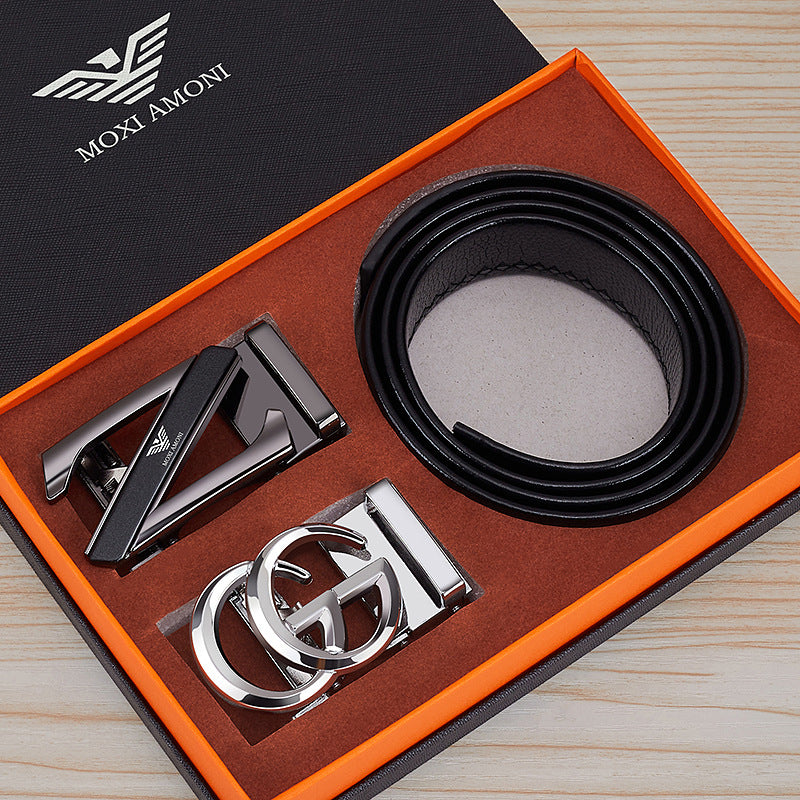 Men's Leather Belt with Alloy Automatic Buckle, Versatile Genuine Leather Belt for Young and Middle-Aged Men, Business Fashion Double Buckle Gift Box Wholesale, British Style