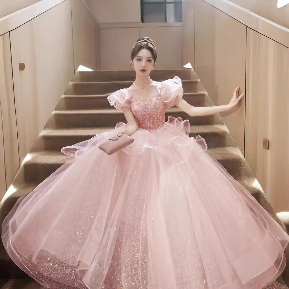 Art Exam Evening Dress 2025 New Style Banquet Feminine Adult Ceremony Pink Annual Meeting Host Dress Cross-Border