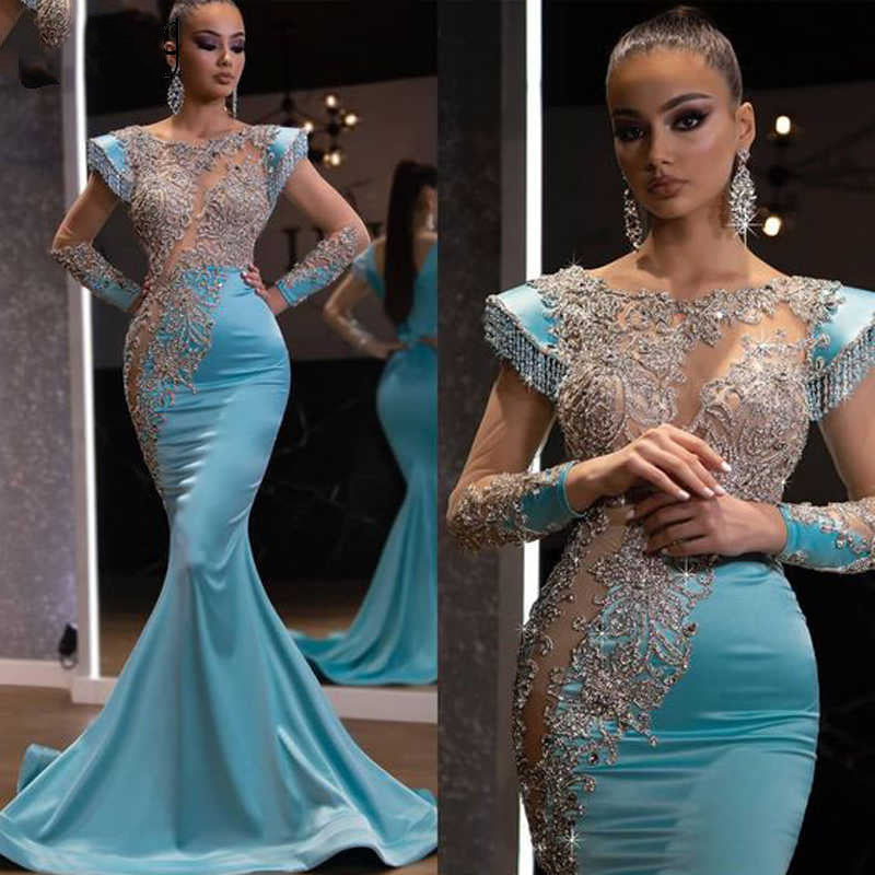 2025 New Daily Light Blue Fishtail Skirt Banquet Long Sand Gold Series Slimming Elegant Annual Party Evening Dress for Women