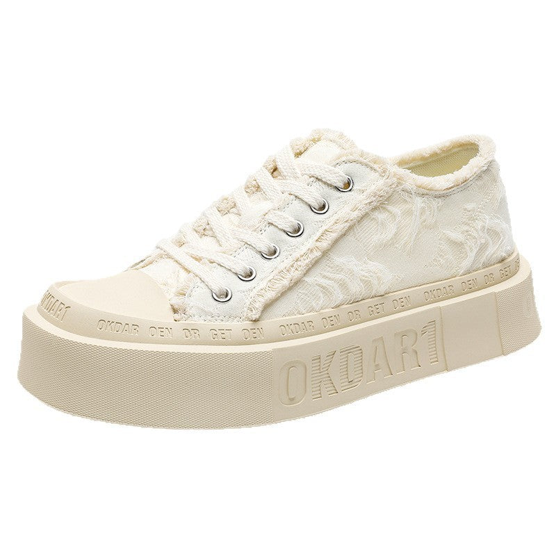 Korean Style Lace-Up Sneakers Trendy Versatile Raw Edge Breathable White Shoes 2025 Summer Casual Thick-Soled Heightening Canvas Shoes