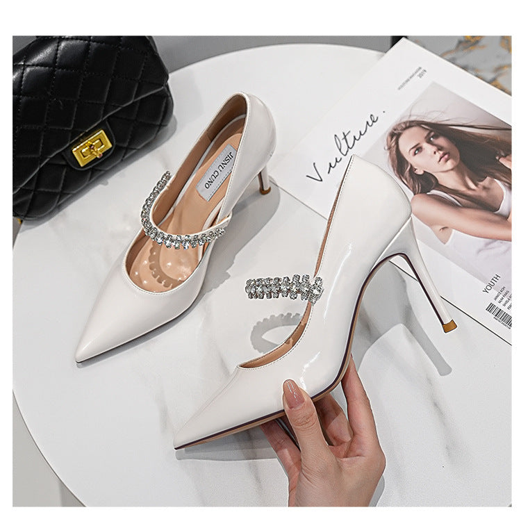 Rhinestone Pointed High Heels 2025 New White Wedding Shoes Patent Leather Nude Buckle Shoes Black Professional Shoes