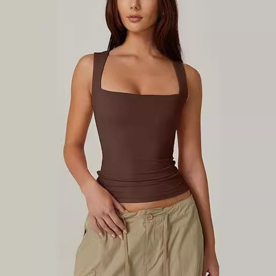 Cross-border European and American hot girls wear camisole women's summer sleeveless off-shoulder square collar threaded shoulder strap top women's clothing