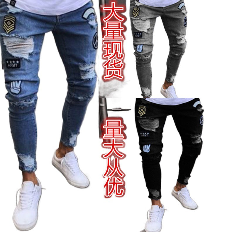 Knee Men's Jeans Embroidered Leggings Denim Trousers Men's Cross-border Trendy European and American Badge Zipper Holes