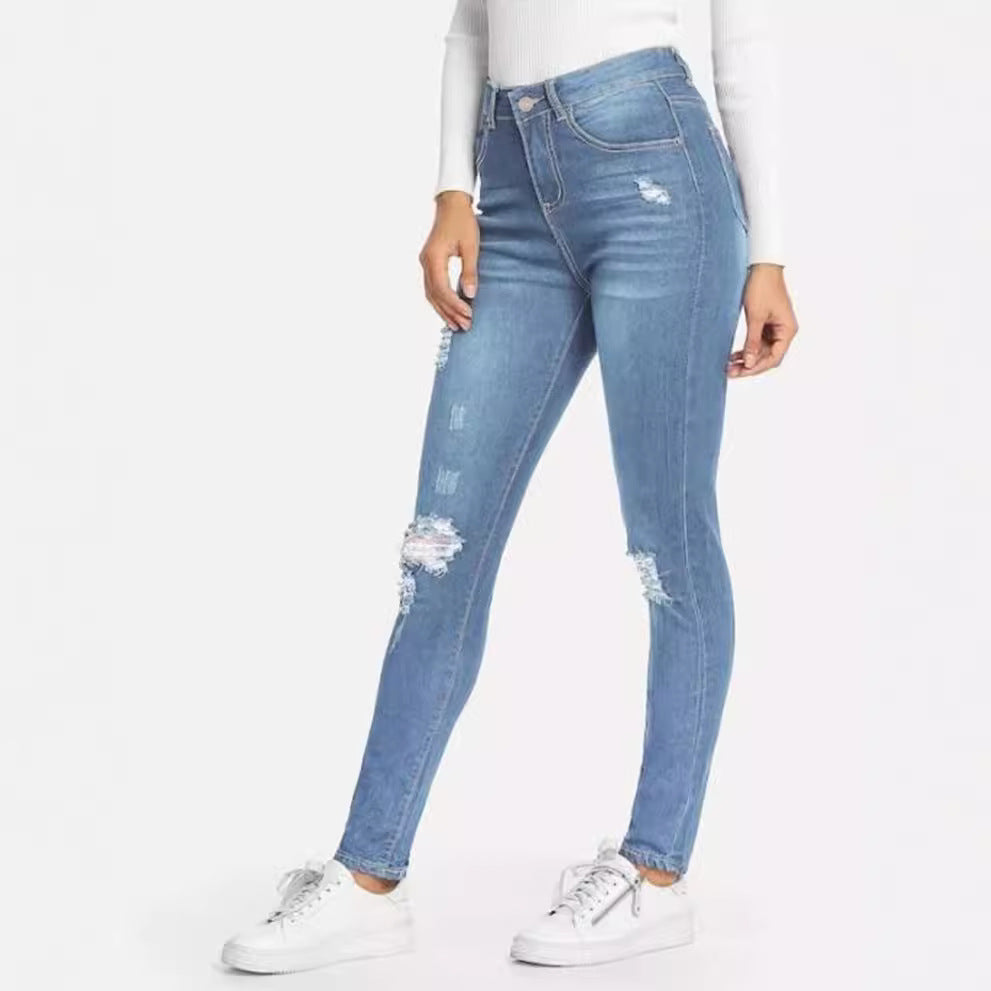 Foreign Trade Cross-Border Export Women's Pants Aliexpress 2021 Spring & Fall Ripped Jeans European and American Popular Student Pants