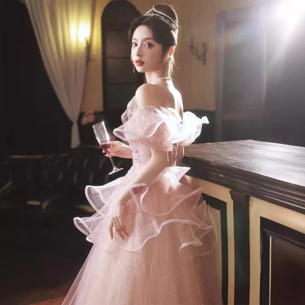 Art Exam Evening Dress 2025 New Style Banquet Feminine Adult Ceremony Pink Annual Meeting Host Dress Cross-Border