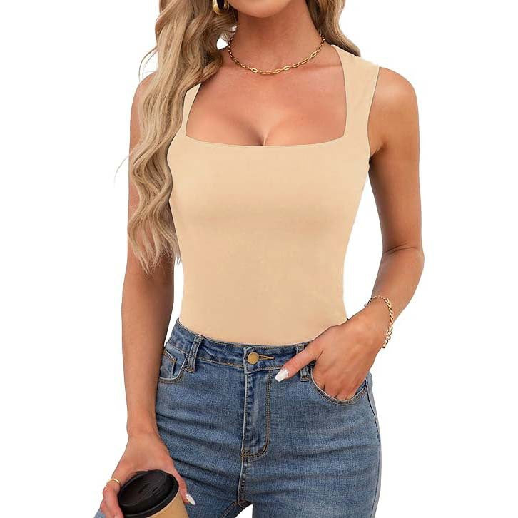 Cross-border European and American hot girls wear camisole women's summer sleeveless off-shoulder square collar threaded shoulder strap top women's clothing