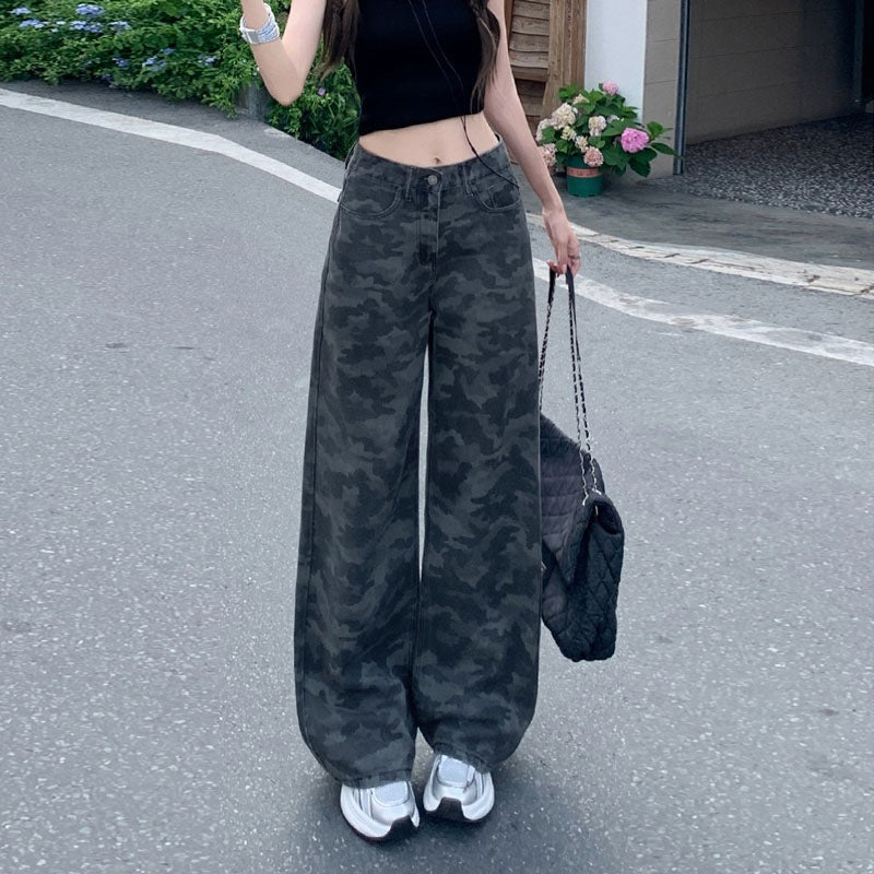 2025 Straight-Leg Hot Girl High-Waisted American Camouflage Work Jeans for Women in Autum Loose Slimming Floor-Length Wide-Leg Pants