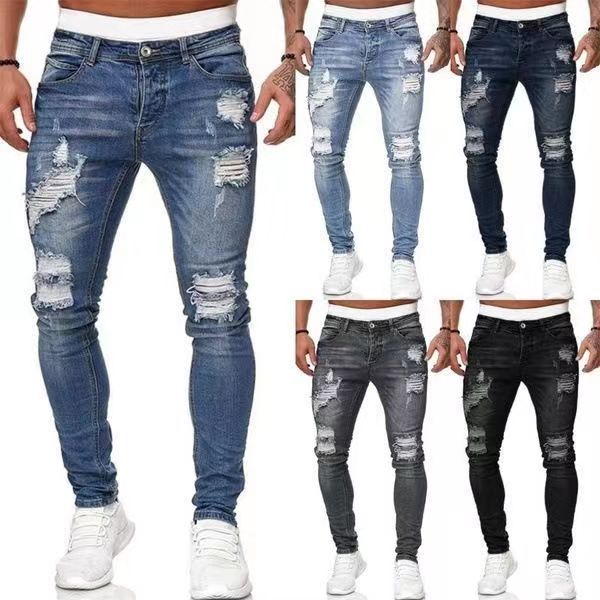 New Trendy Aliexpress European and American Slim-Fit Men's Jeans with Holes, Export Quality Slim-Fit Jeans for Wish Cross-Border Sales