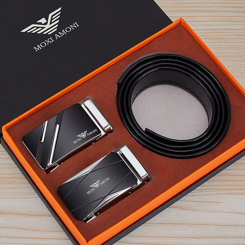 Men's Leather Belt with Alloy Automatic Buckle, Versatile Genuine Leather Belt for Young and Middle-Aged Men, Business Fashion Double Buckle Gift Box Wholesale, British Style